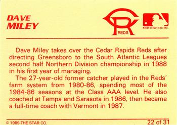 1989 Star Cedar Rapids Reds - Platinum #22 Dave Miley Back