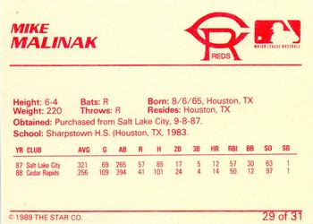 1989 Star Cedar Rapids Reds - Platinum #29 Mike Malinak Back