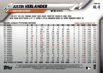 2020 Topps American League Standouts #AL-8 Justin Verlander Back