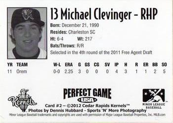 2012 Perfect Game Cedar Rapids Kernels #2 Michael Clevinger Back