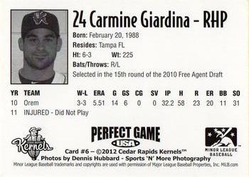 2012 Perfect Game Cedar Rapids Kernels #6 Carmine Giardina Back