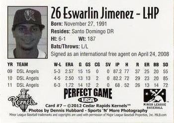2012 Perfect Game Cedar Rapids Kernels #7 Eswarlin Jimenez Back