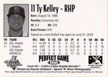 2012 Perfect Game Cedar Rapids Kernels #9 Ty Kelley Back