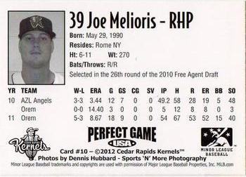 2012 Perfect Game Cedar Rapids Kernels #10 Joe Melioris Back