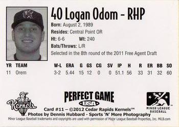 2012 Perfect Game Cedar Rapids Kernels #11 Logan Odom Back