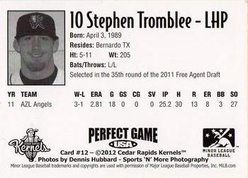 2012 Perfect Game Cedar Rapids Kernels #12 Stephen Tromblee Back