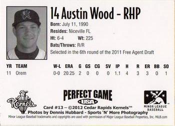2012 Perfect Game Cedar Rapids Kernels #13 Austin Wood Back
