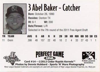 2012 Perfect Game Cedar Rapids Kernels #14 Abel Baker Back