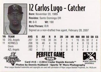 2012 Perfect Game Cedar Rapids Kernels #15 Carlos Lugo Back