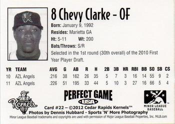 2012 Perfect Game Cedar Rapids Kernels #22 Chevy Clarke Back