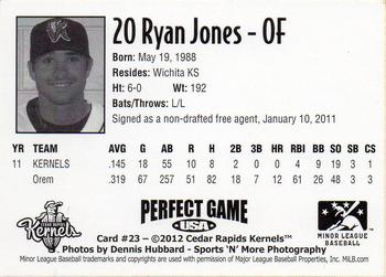 2012 Perfect Game Cedar Rapids Kernels #23 Ryan Jones Back
