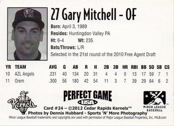 2012 Perfect Game Cedar Rapids Kernels #24 Gary Mitchell Back