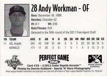2012 Perfect Game Cedar Rapids Kernels #25 Andy Workman Back