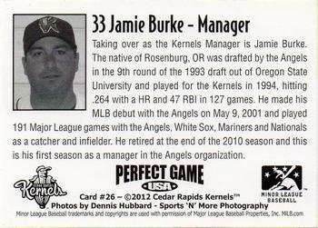 2012 Perfect Game Cedar Rapids Kernels #26 Jamie Burke Back