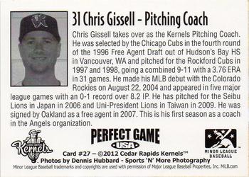 2012 Perfect Game Cedar Rapids Kernels #27 Chris Gissell Back