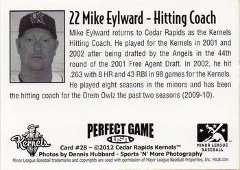 2012 Perfect Game Cedar Rapids Kernels #28 Mike Eylward Back