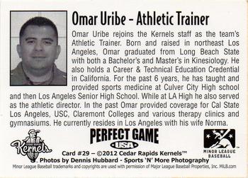 2012 Perfect Game Cedar Rapids Kernels #29 Omar Uribe Back