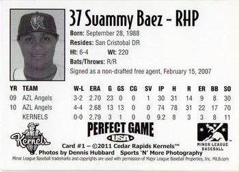 2011 Perfect Game Cedar Rapids Kernels #1 Suammy Baez Back