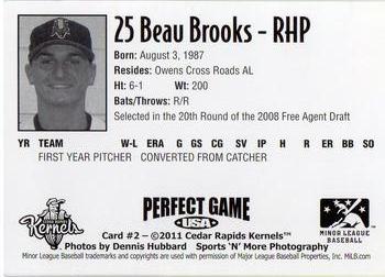 2011 Perfect Game Cedar Rapids Kernels #2 Beau Brooks Back
