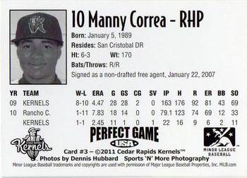 2011 Perfect Game Cedar Rapids Kernels #3 Manny Correa Back