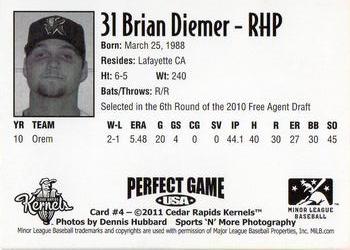 2011 Perfect Game Cedar Rapids Kernels #4 Brian Diemer Back