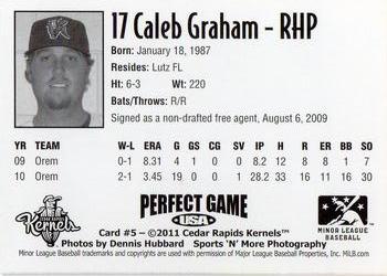 2011 Perfect Game Cedar Rapids Kernels #5 Caleb Graham Back