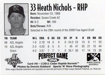 2011 Perfect Game Cedar Rapids Kernels #8 Heath Nichols Back