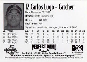 2011 Perfect Game Cedar Rapids Kernels #14 Carlos Lugo Back