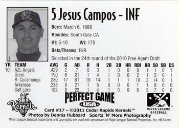 2011 Perfect Game Cedar Rapids Kernels #17 Jesus Campos Back