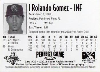 2011 Perfect Game Cedar Rapids Kernels #20 Rolando Gomez Back