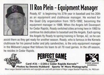 2011 Perfect Game Cedar Rapids Kernels #31 Ron Plein Back