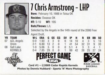 2009 Perfect Game Cedar Rapids Kernels #1 Chris Armstrong Back