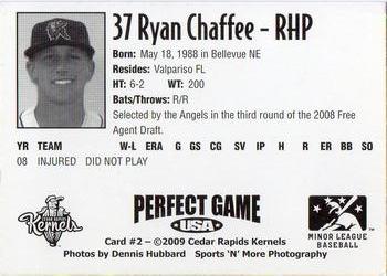 2009 Perfect Game Cedar Rapids Kernels #2 Ryan Chaffee Back
