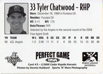 2009 Perfect Game Cedar Rapids Kernels #3 Tyler Chatwood Back
