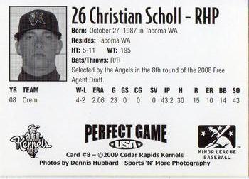 2009 Perfect Game Cedar Rapids Kernels #8 Christian Scholl Back