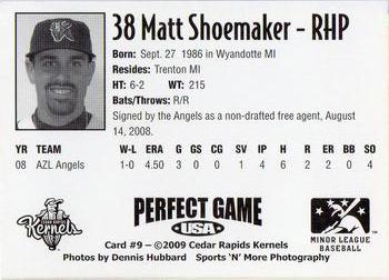 2009 Perfect Game Cedar Rapids Kernels #9 Matt Shoemaker Back