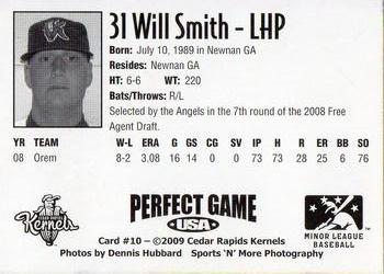 2009 Perfect Game Cedar Rapids Kernels #10 Will Smith Back