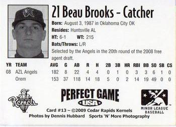 2009 Perfect Game Cedar Rapids Kernels #13 Beau Brooks Back