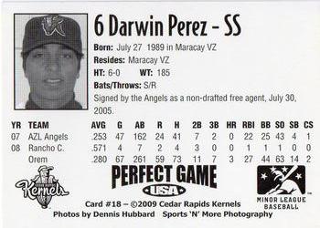 2009 Perfect Game Cedar Rapids Kernels #18 Darwin Perez Back
