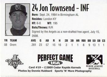 2009 Perfect Game Cedar Rapids Kernels #19 Jon Townsend Back