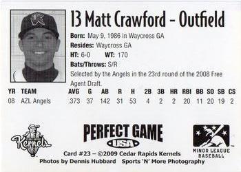 2009 Perfect Game Cedar Rapids Kernels #23 Matt Crawford Back