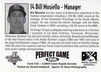 2009 Perfect Game Cedar Rapids Kernels #25 Bill Mosiello Back
