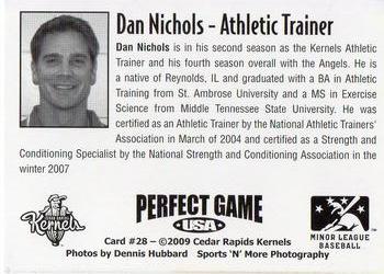 2009 Perfect Game Cedar Rapids Kernels #28 Dan Nichols Back
