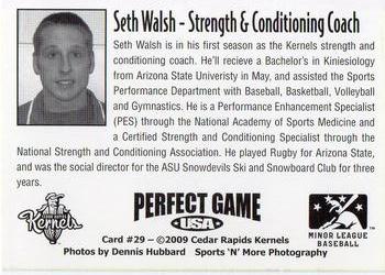 2009 Perfect Game Cedar Rapids Kernels #29 Seth Walsh Back
