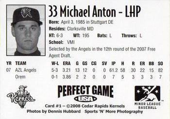 2008 Perfect Game Cedar Rapids Kernels #1 Michael Anton Back