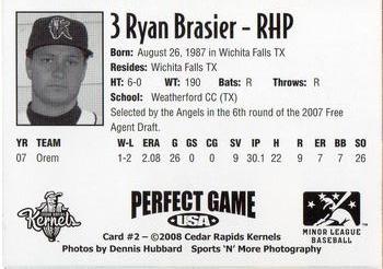 2008 Perfect Game Cedar Rapids Kernels #2 Ryan Brasier Back