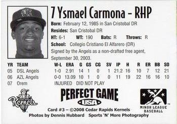 2008 Perfect Game Cedar Rapids Kernels #3 Ysmael Carmona Back