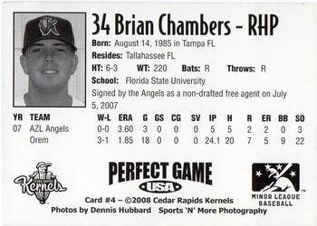 2008 Perfect Game Cedar Rapids Kernels #4 Brian Chambers Back