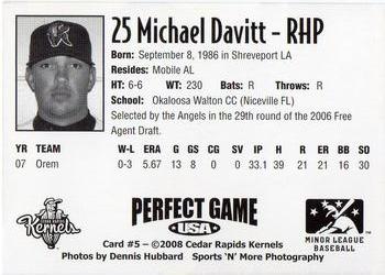 2008 Perfect Game Cedar Rapids Kernels #5 Michael Davitt Back