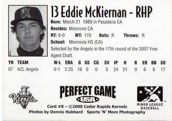 2008 Perfect Game Cedar Rapids Kernels #8 Eddie McKiernan Back